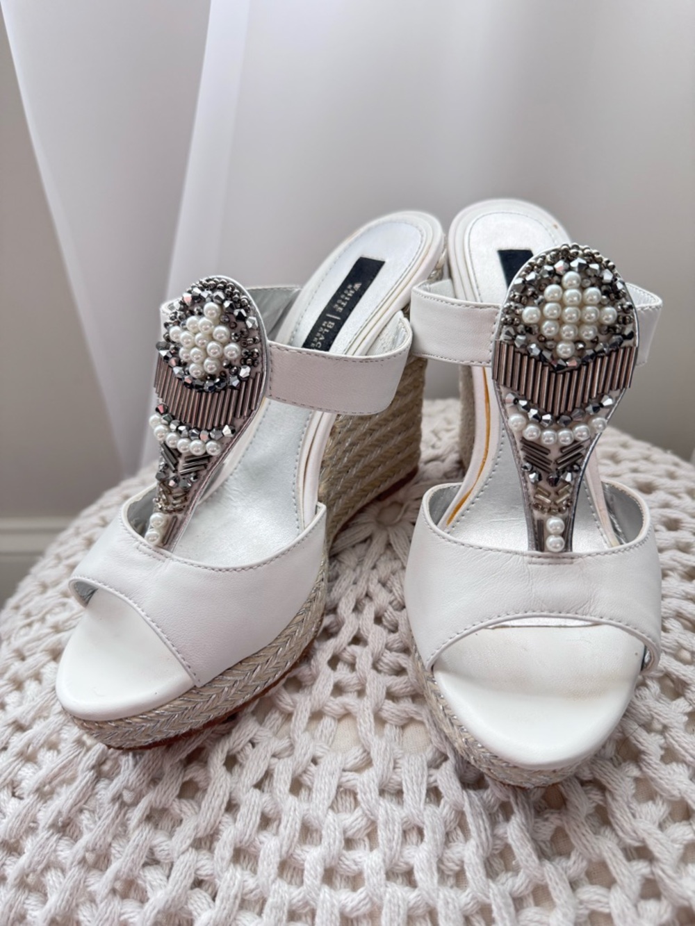 WHBM Embellished White Wedge Sandals with Pearl & Bead Accent